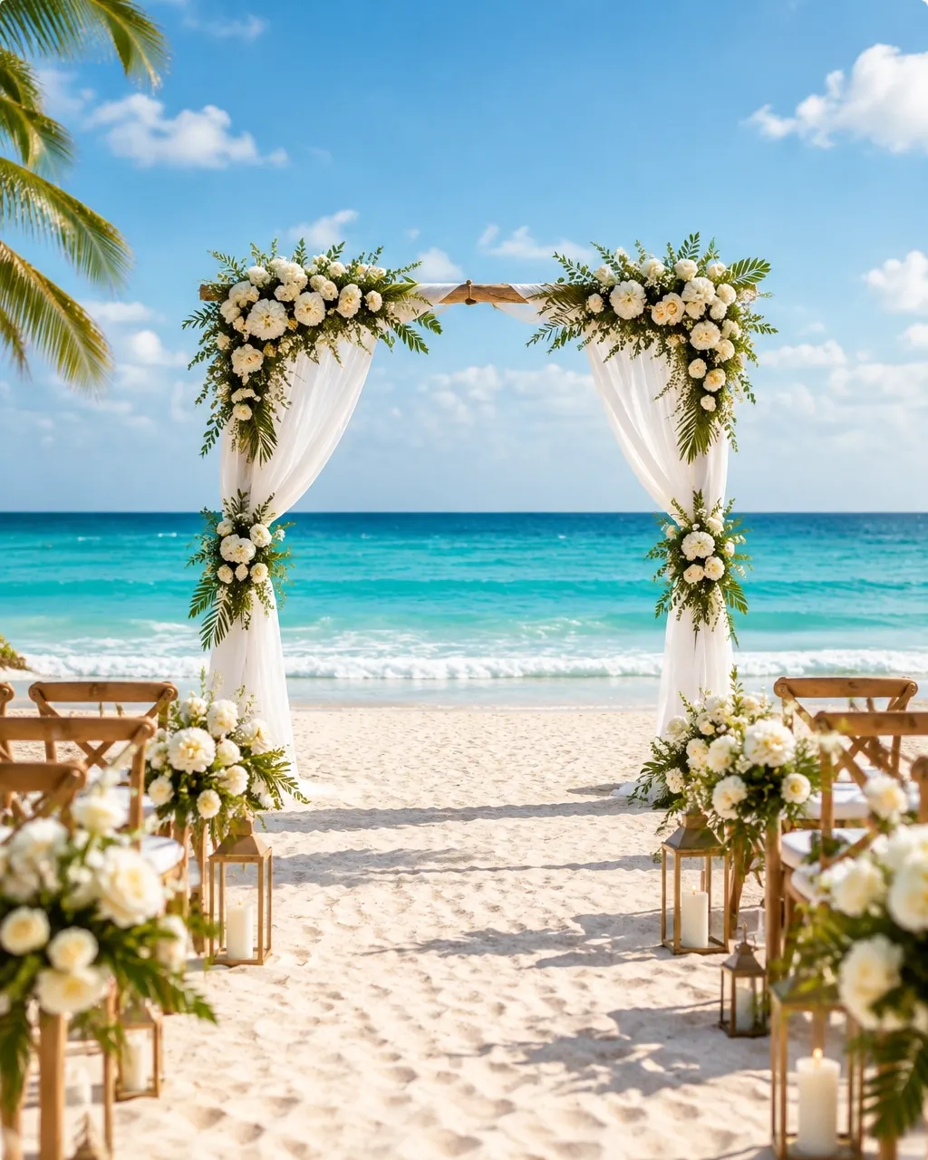 White floral ceremony arch on a Caribbean beach
