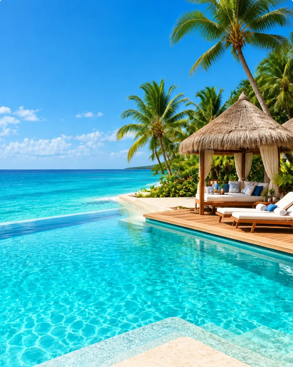 Turquoise resort pool beside a tropical cabana