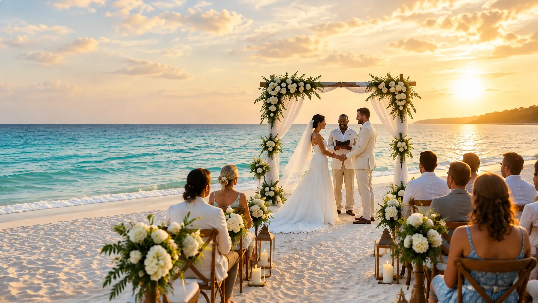 A couple exchanging vows at a sunset beach wedding